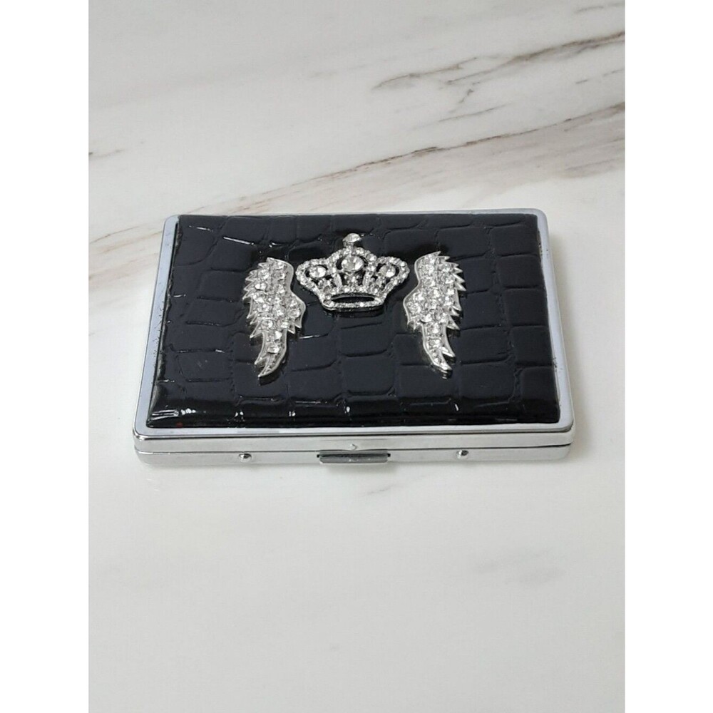 Black Faux Croc Rhinestone Crown Angel Wings Accent Case - Unisex - Vtg
